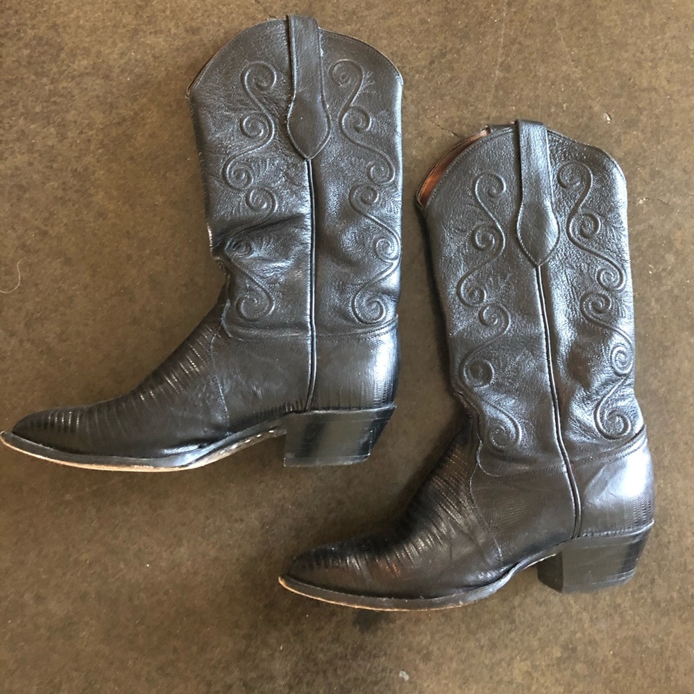 Tony Lama pointed toe Black Brilliant lizard leather western boots - Picture 4 of 9